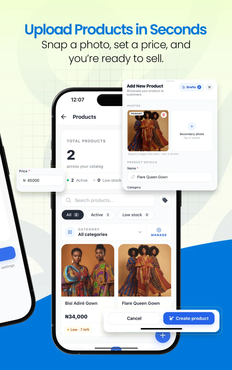 Orderly admin Products page with real product photography
